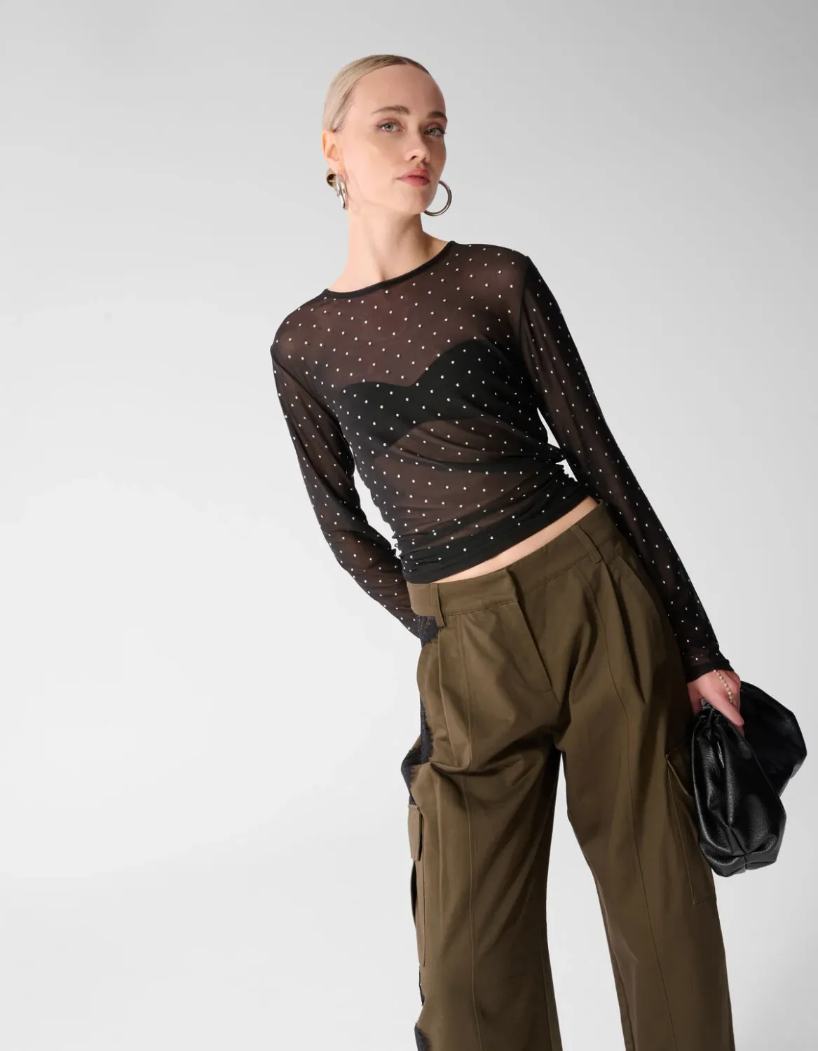 Shoeby Studded Mesh Top Zwart