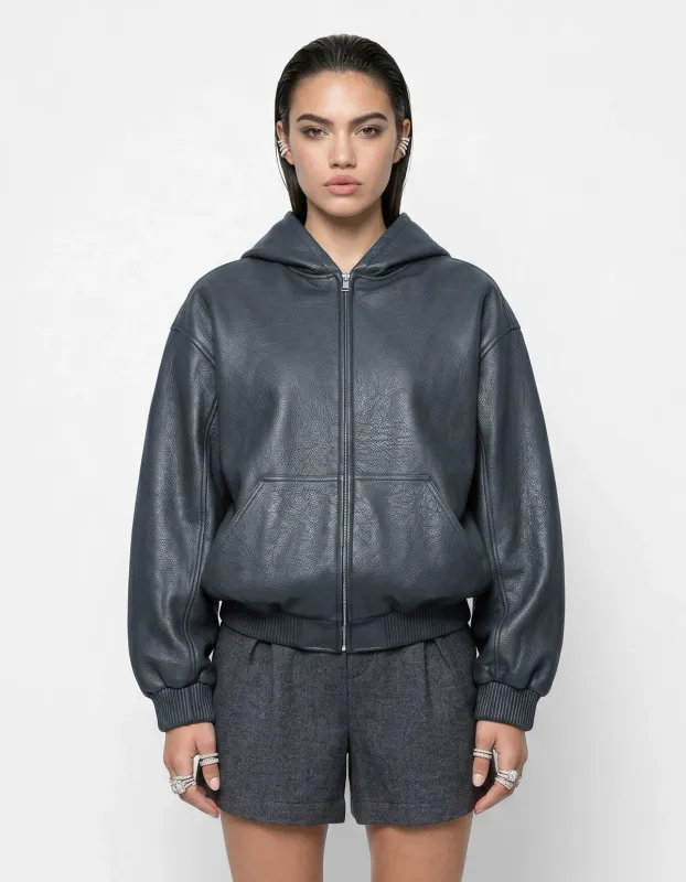 Shoeby Vegan Leren Hooded Bomber Donkergrijs