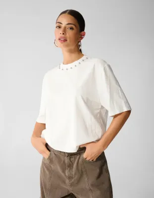 Shoeby Studded T-shirt Gebroken Wit