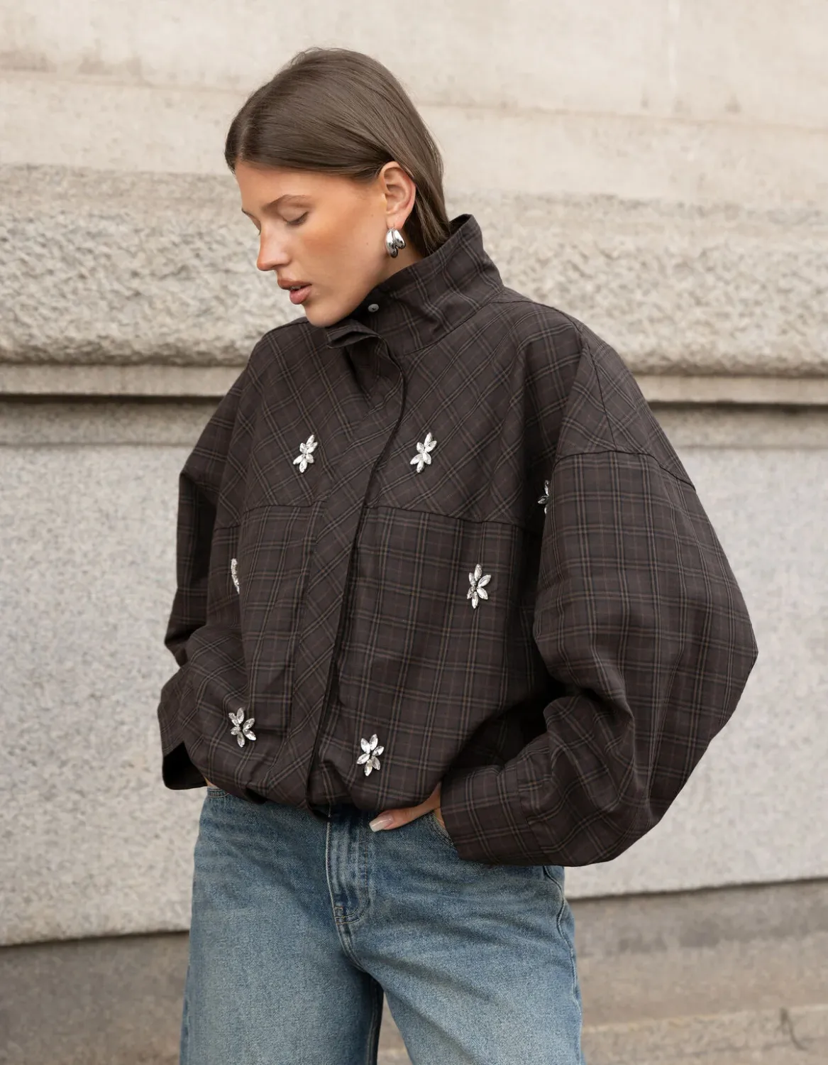 Shoeby Check Bomber Blouse Donkerbruin