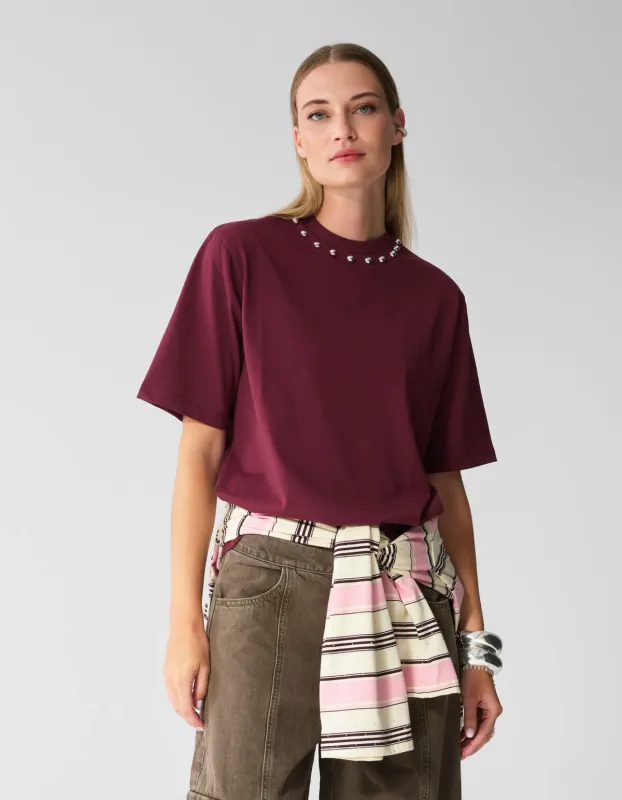 Shoeby Studded T-shirt Donkerrood