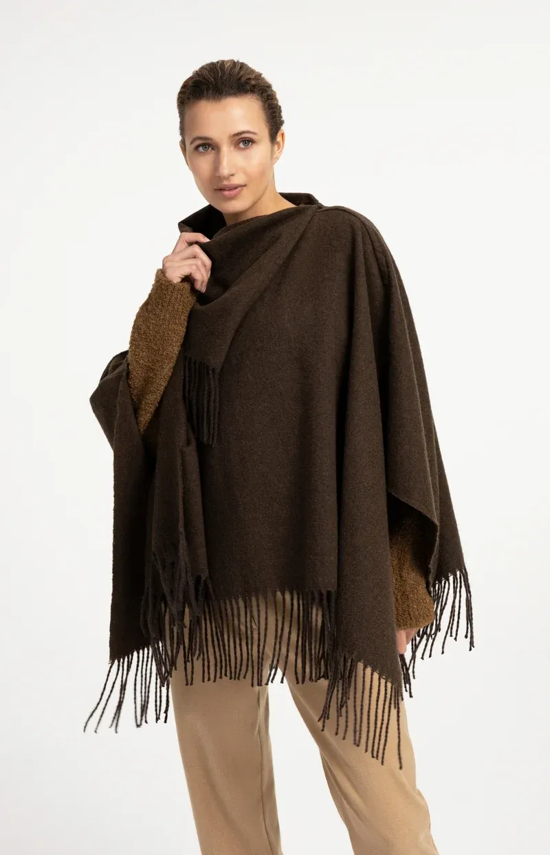 YaYa Poncho met hoge hals en gedraaide franjes Bruin