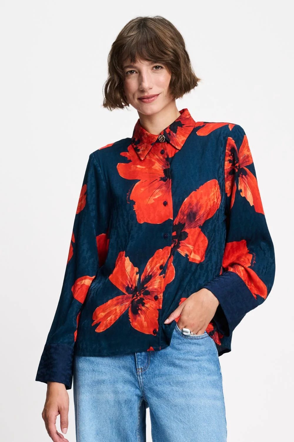 Pom Amsterdam Blouse bloemenprint blauw/Rood