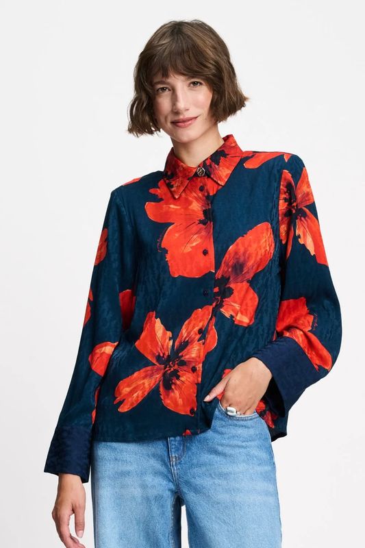 Pom Amsterdam Blouse bloemenprint blauw/Rood