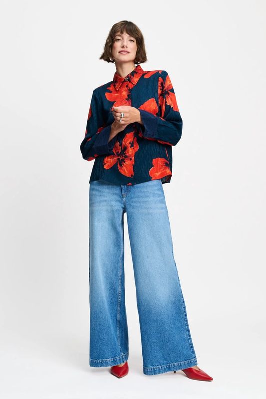 Pom Amsterdam Blouse bloemenprint blauw/Rood