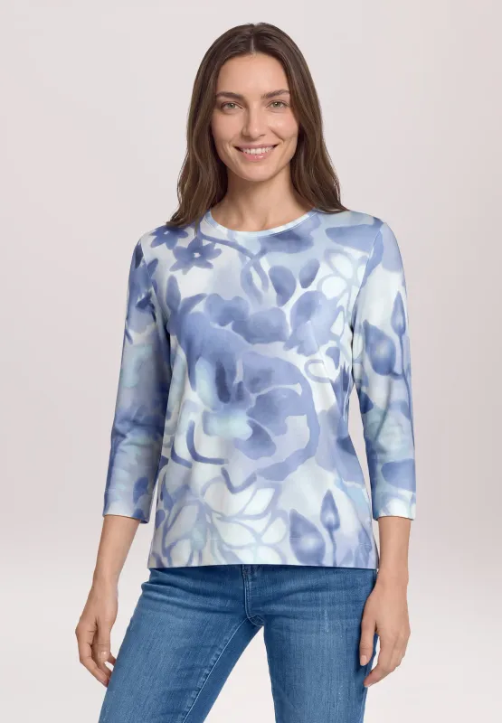 So Cosy shirt met 3/4 mouwen en bloemenprint blauw