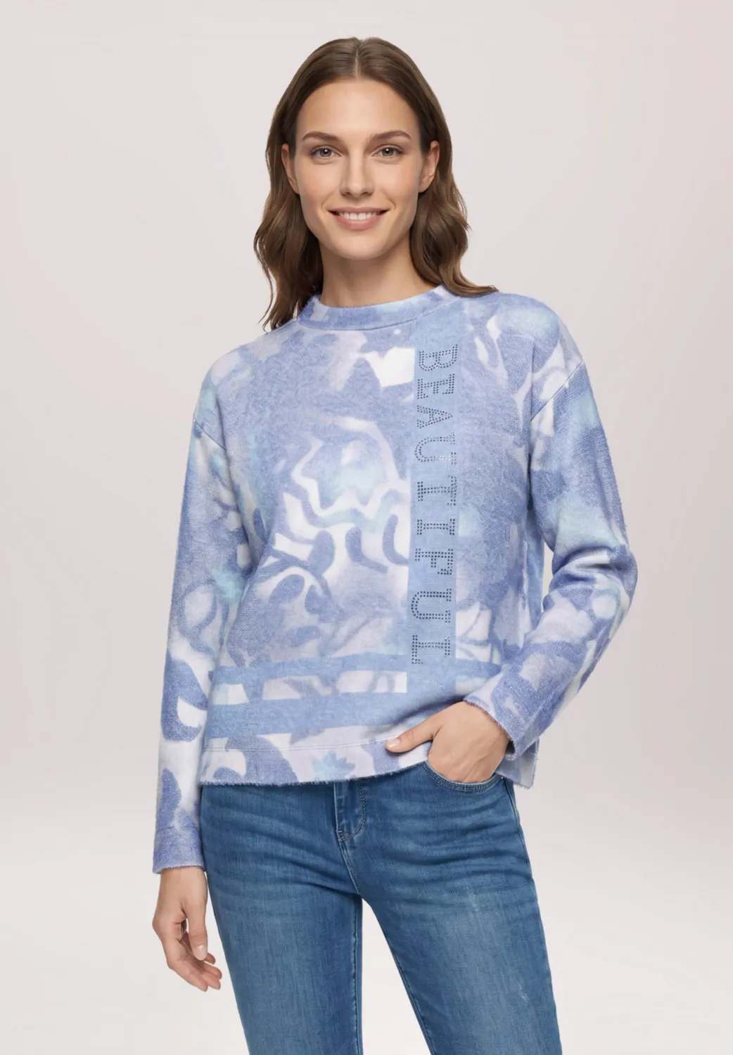 So Cosy trui met print en openstaande kraag blauw