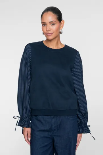 Geisha trui met gestreepte mouwen blauw