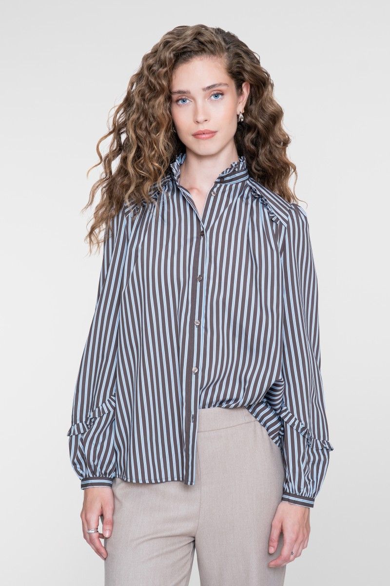 Geisha Blouse met strepen en franjes Blauw/ Bruin