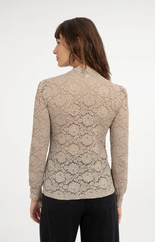 YAYA Kanten top met hoge hals Beige