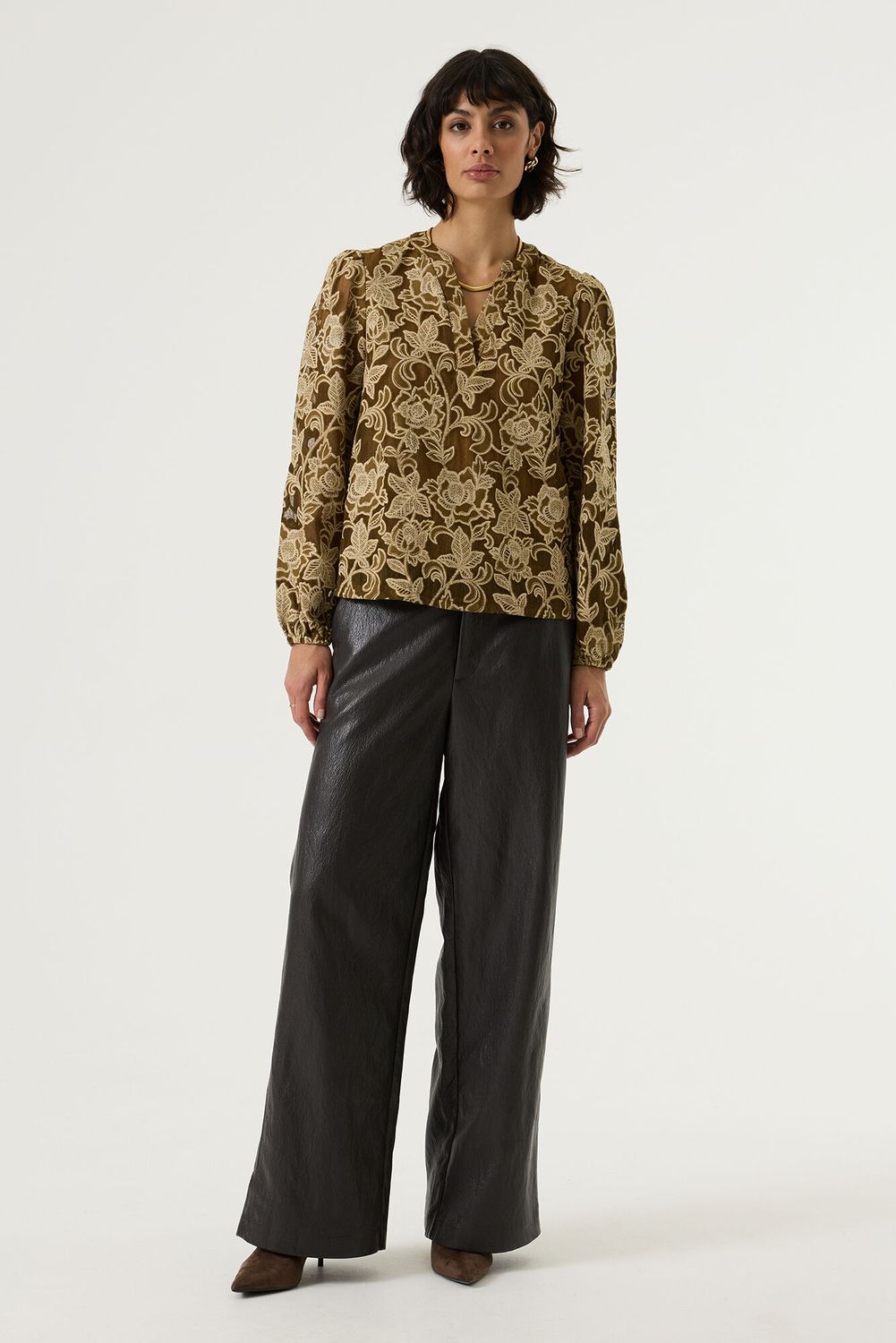 Garcia Leren Wide leg broek Bruin