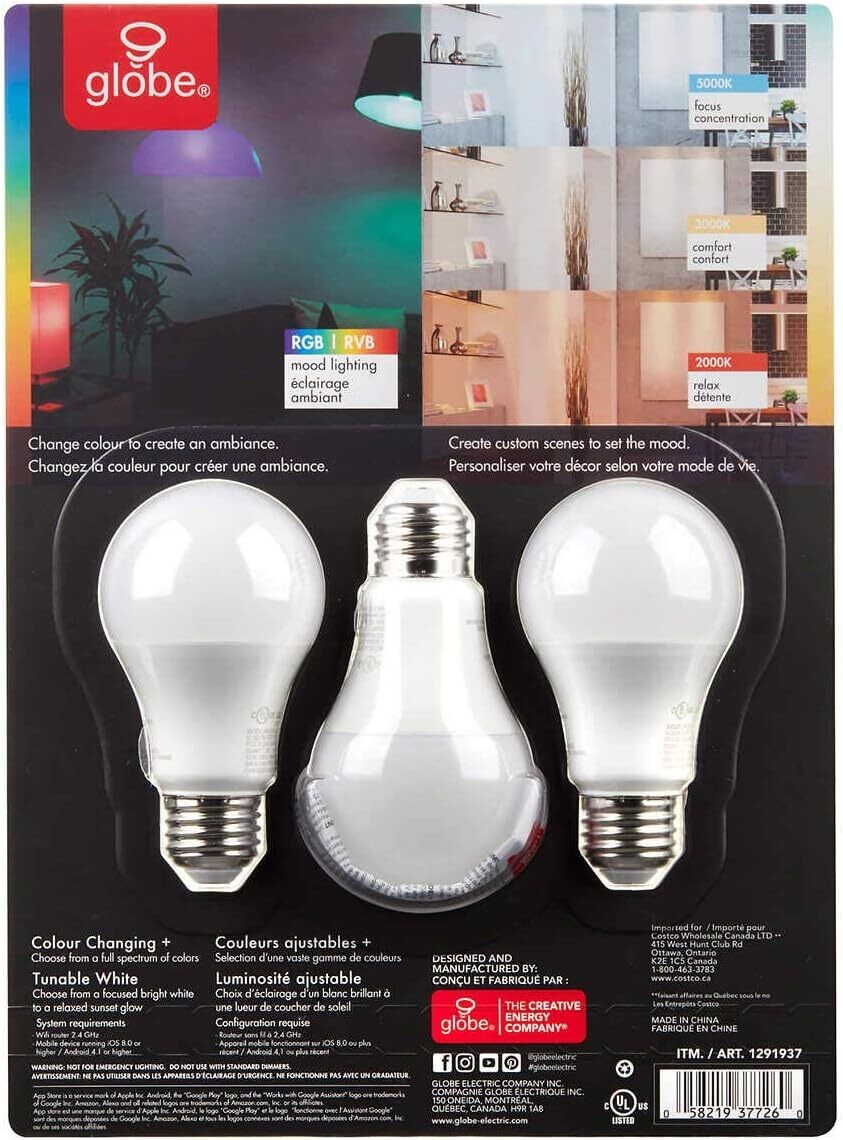 Globe Electric LED A19 RGB Smart Wi-Fi Bulb 3PCS