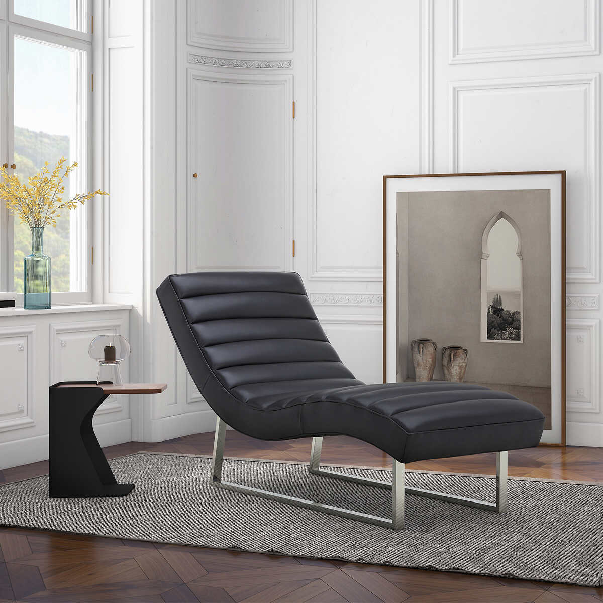 Gilman Creek Contemporary Top Grain Leather Chaise, Black