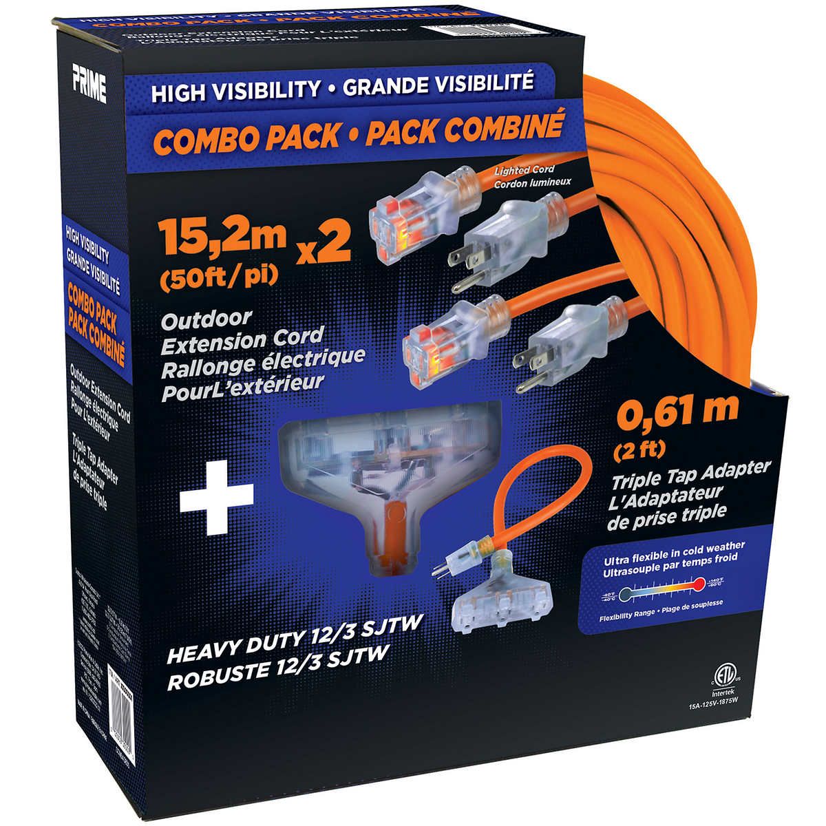 Prime 50ft Neon Extension Cord 2-pack Plus One 2ft Triple Tap Adapter