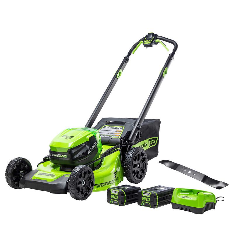 Greenworks 80V 21&quot; Self-Propelled Lawn Mower with 1 Extra Blade, 2.0 AH + 4.0 AH Battery and Charger Included