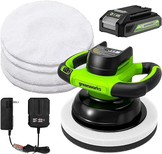 Greenworks 24V 10-inch Cordless Buffer &amp; Polisher, with 4 Bonnets, 2Ah Battery and Charger Included