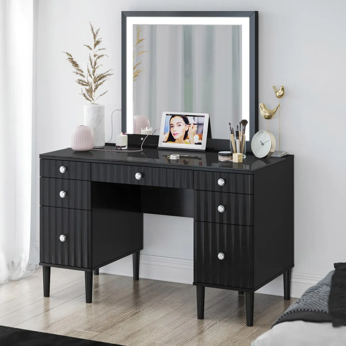 Tresanti Marilyn Makeup Table with LED Lighted Mirror Color: Black