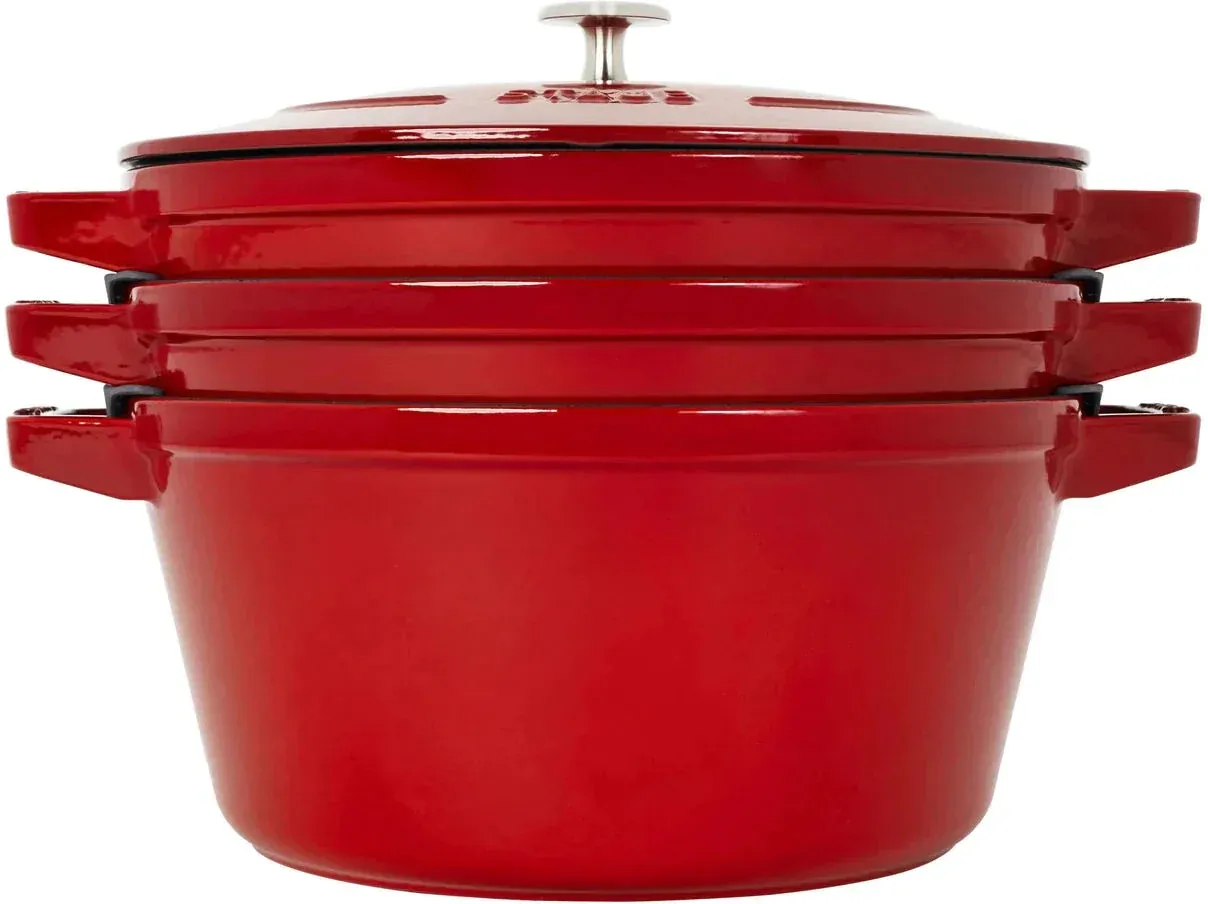 Staub - 4 PC 10&quot; Cast Iron Stackable Cocotte Set Cherry -  Colour : Red
