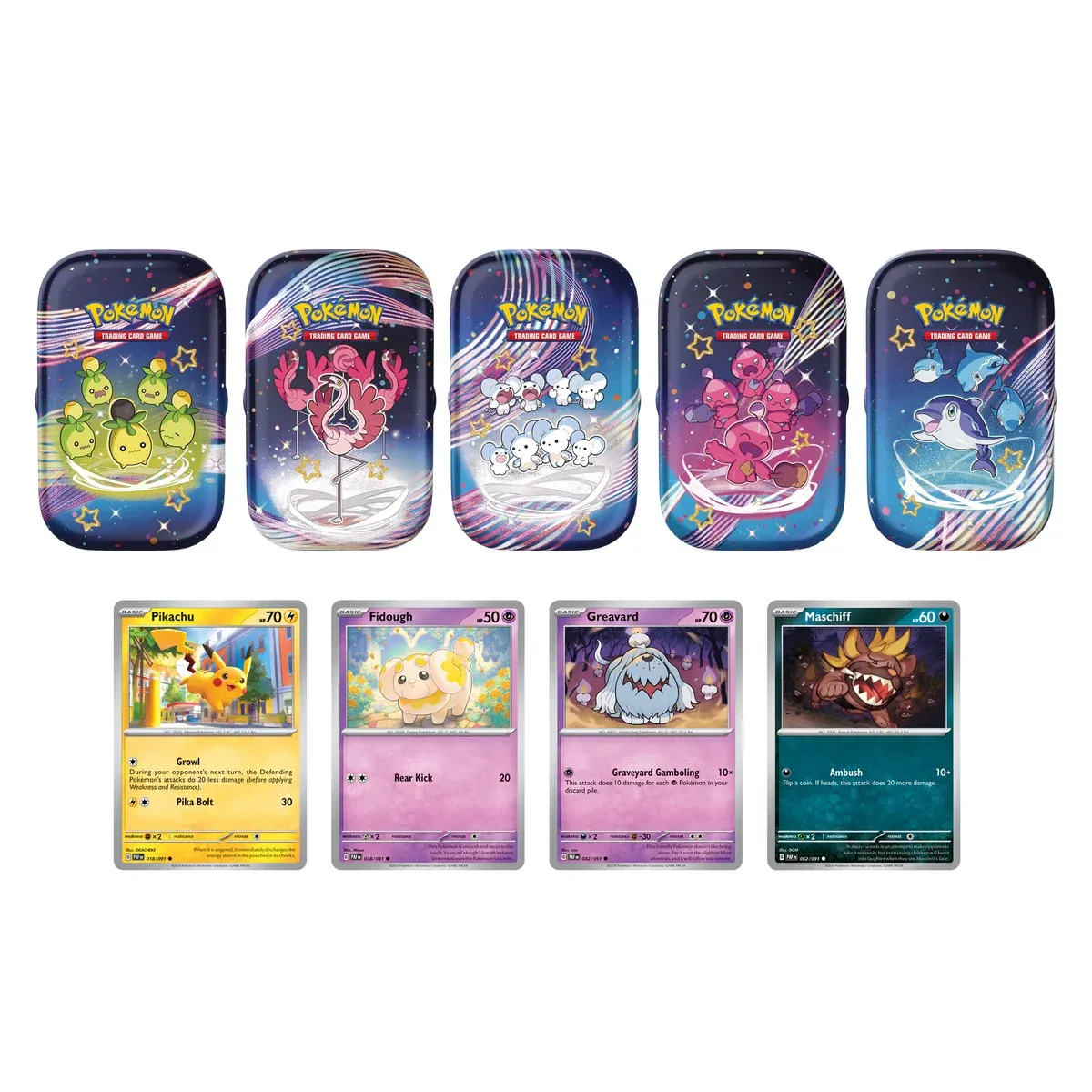 Pokemon Paldean Fates – 5 Mini Tins + 4 Promo Cards - English Edition