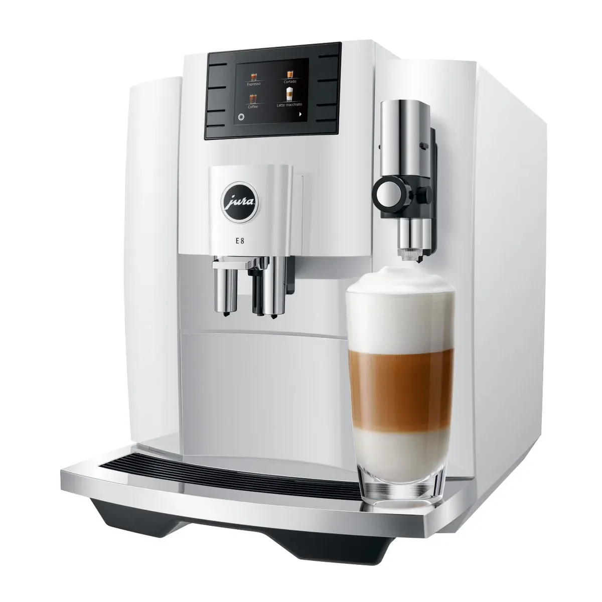 Jura E8 Automatic Espresso Machine with Milk Container, Glacette, and Milk Pipe, Piano White