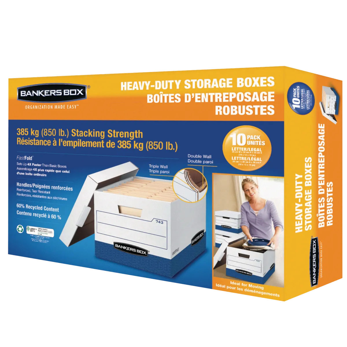 Bankers Box FastFold Storage Box, Heavy Duty, Lift-Off Lid, Letter/Legal, Blue/White, 10 ct