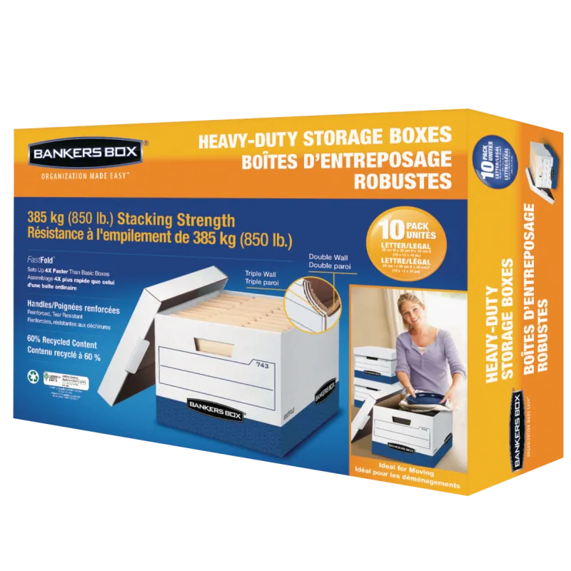 Bankers Box FastFold Storage Box, Heavy Duty, Lift-Off Lid, Letter/Legal, Blue/White, 10 ct
