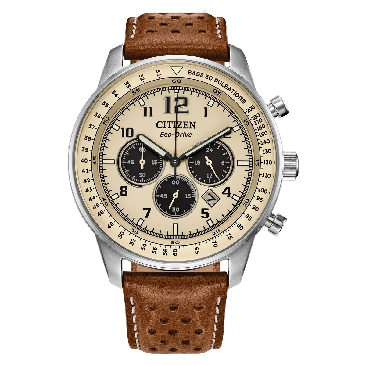 Citizen Eco Drive Weekender Chronograph Stainless Steel Quartz Men&#39;s Watch Color: Beige