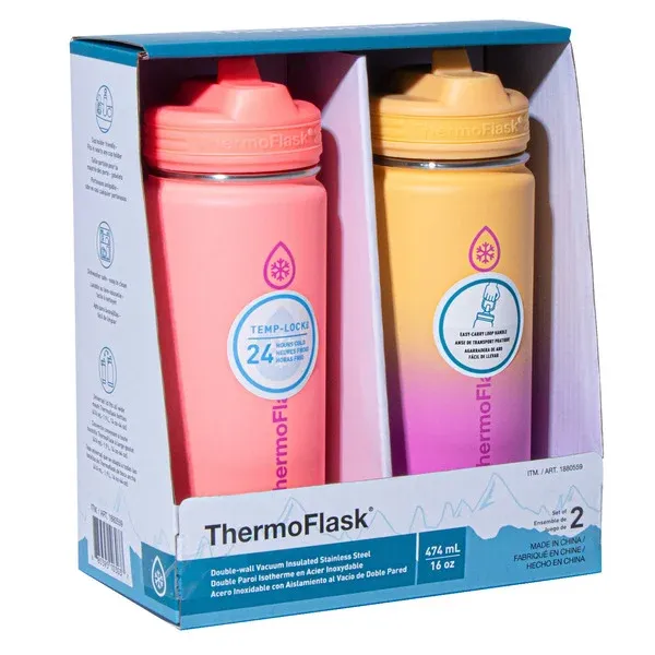 ThermoFlask Stainless Steel Bottle 2 x 16 oz  Pink + Yellow