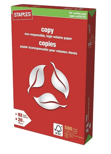 Staples FSC-Certified Copy Paper - 20 lb. - 11&quot; x 17&quot; - White - 500 Sheets
