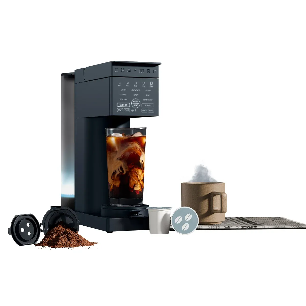Chefman Caffeinator Single Serve Coffee Machine, Ground and K-Cup Compatible, Iced Coffee Function