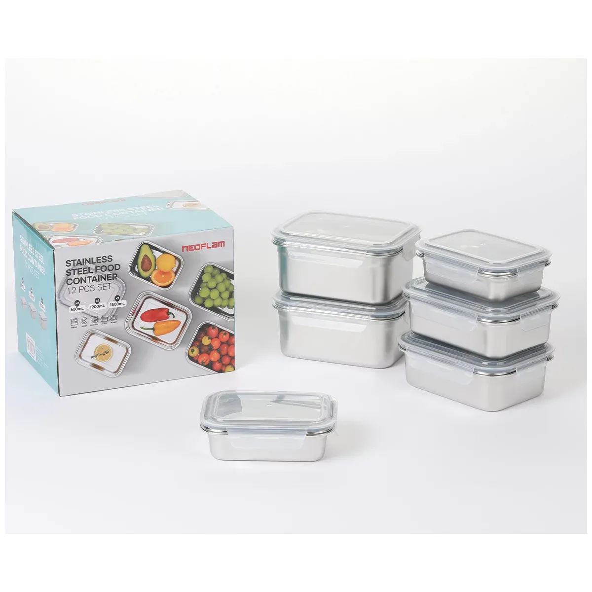 Neoflam Stainless Steel Container Microwavable 12 Piece Set