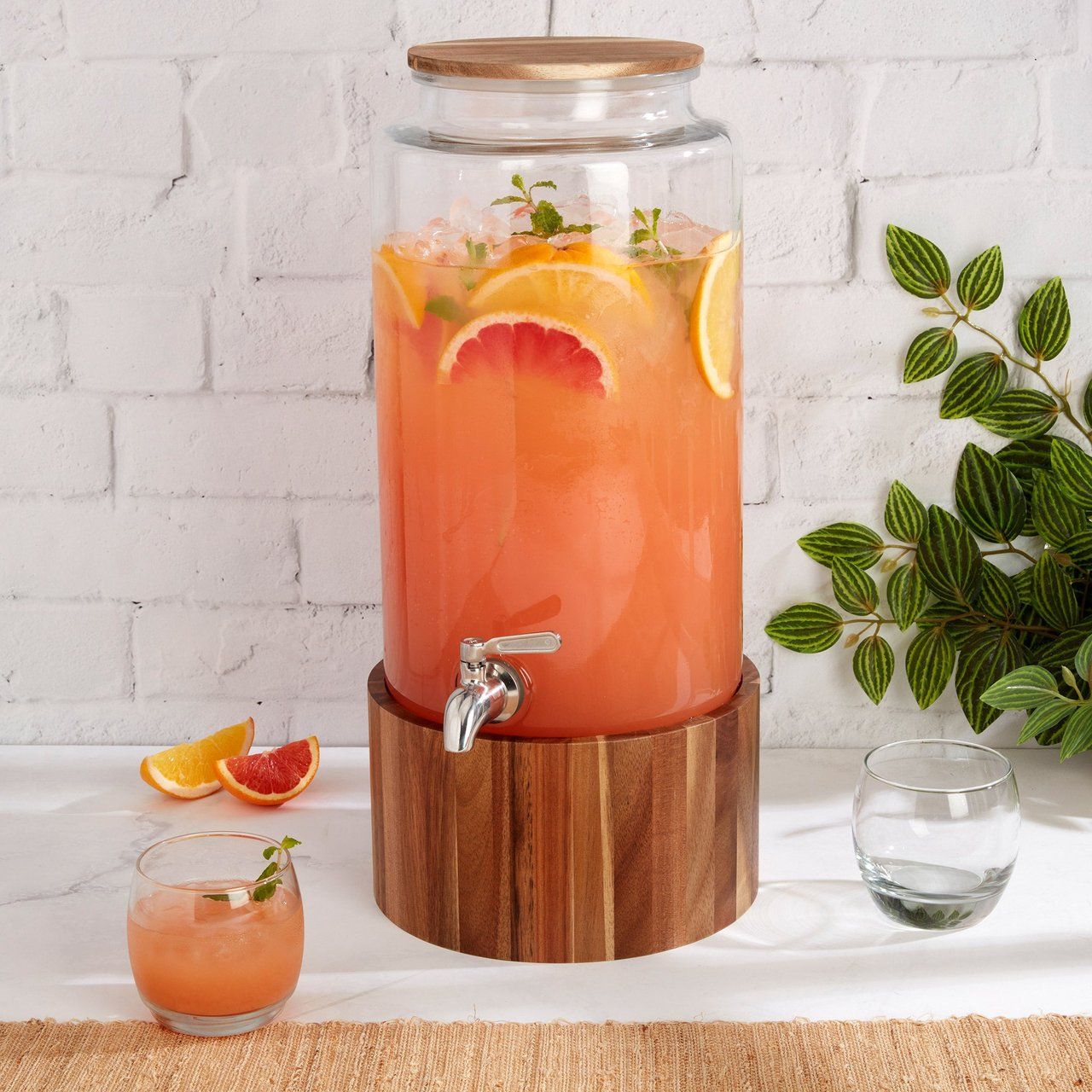 Studio TU 8.3 L (2.2 gal.) Glass Drink Dispenser with Acacia Wood Stand