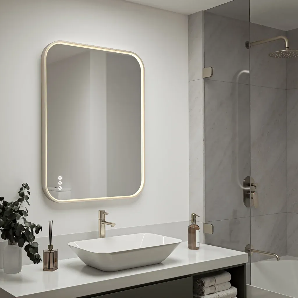Artika Royce 32” x 24” LED Wall Mirror with Defogger Mirror Frame Finish: Brushed Nickel