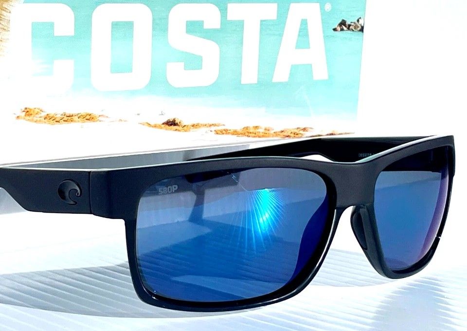 Costa Half Moon Blue Mirr 580P Shiny Blk/Mat Blk