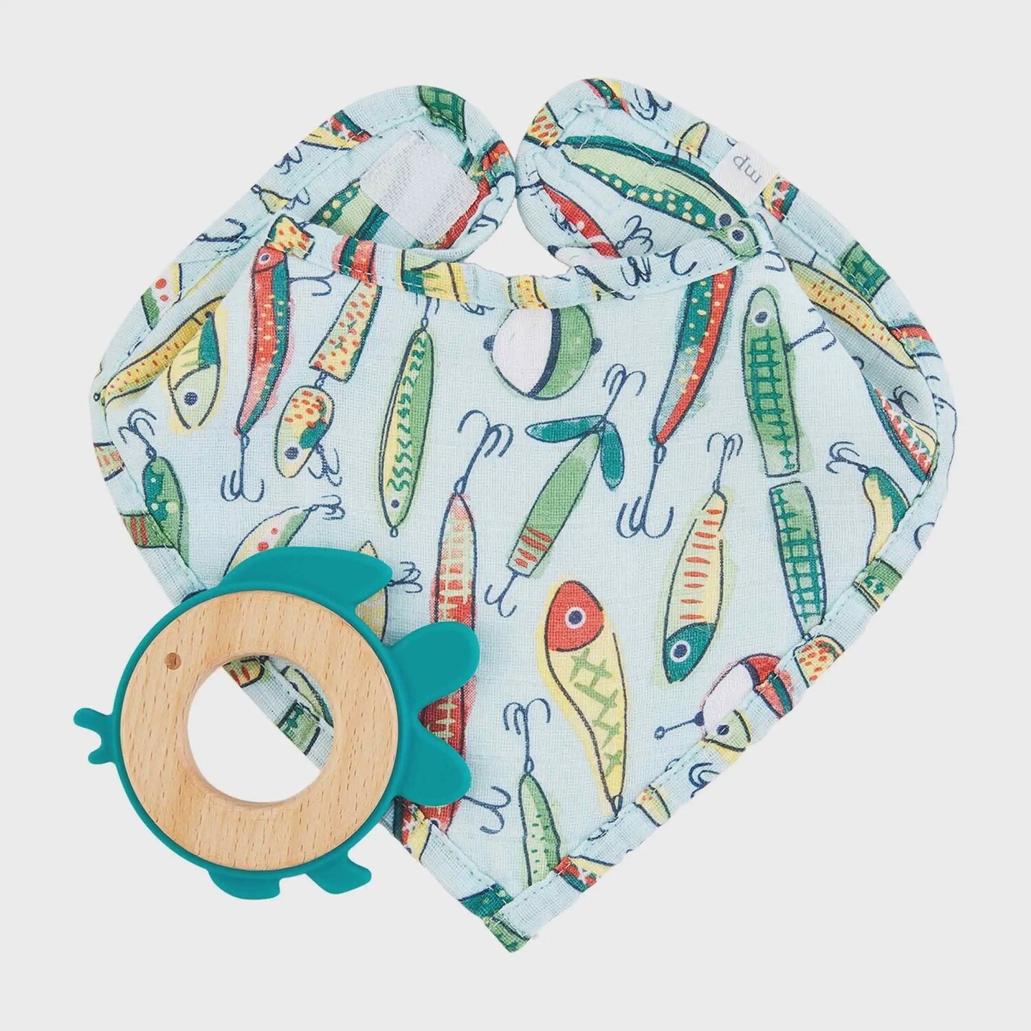 BLUE FISHING LURE BIB &amp; TEETHER SET