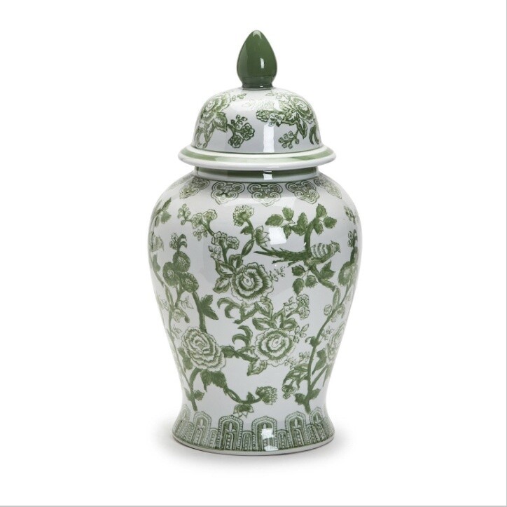 14” GREEN &amp; WHITE  COVERED TEMPLE JAR