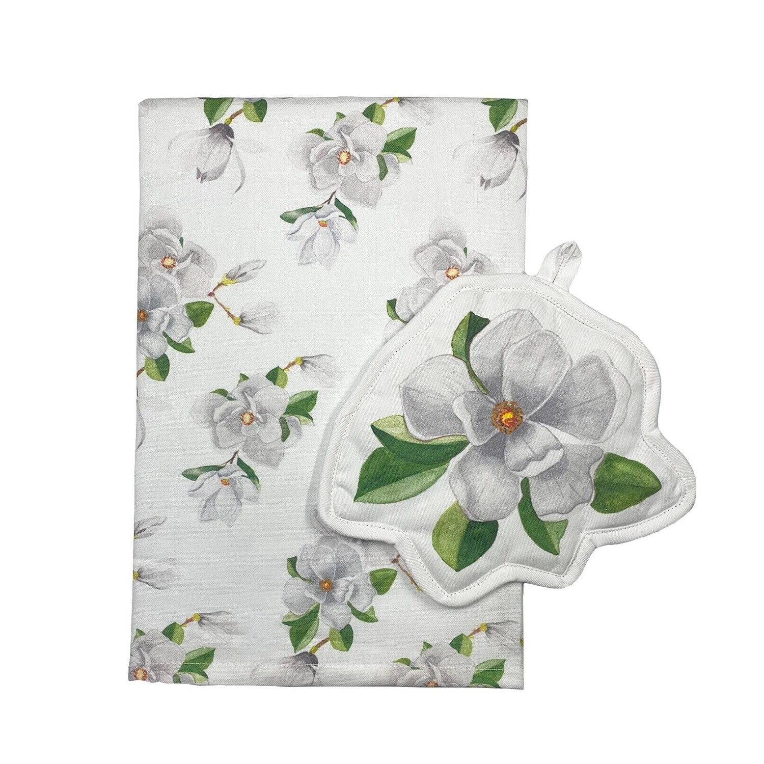 WHITE MAGNOLIA KITCHEN TOWEL &amp; POT HOLDER SET