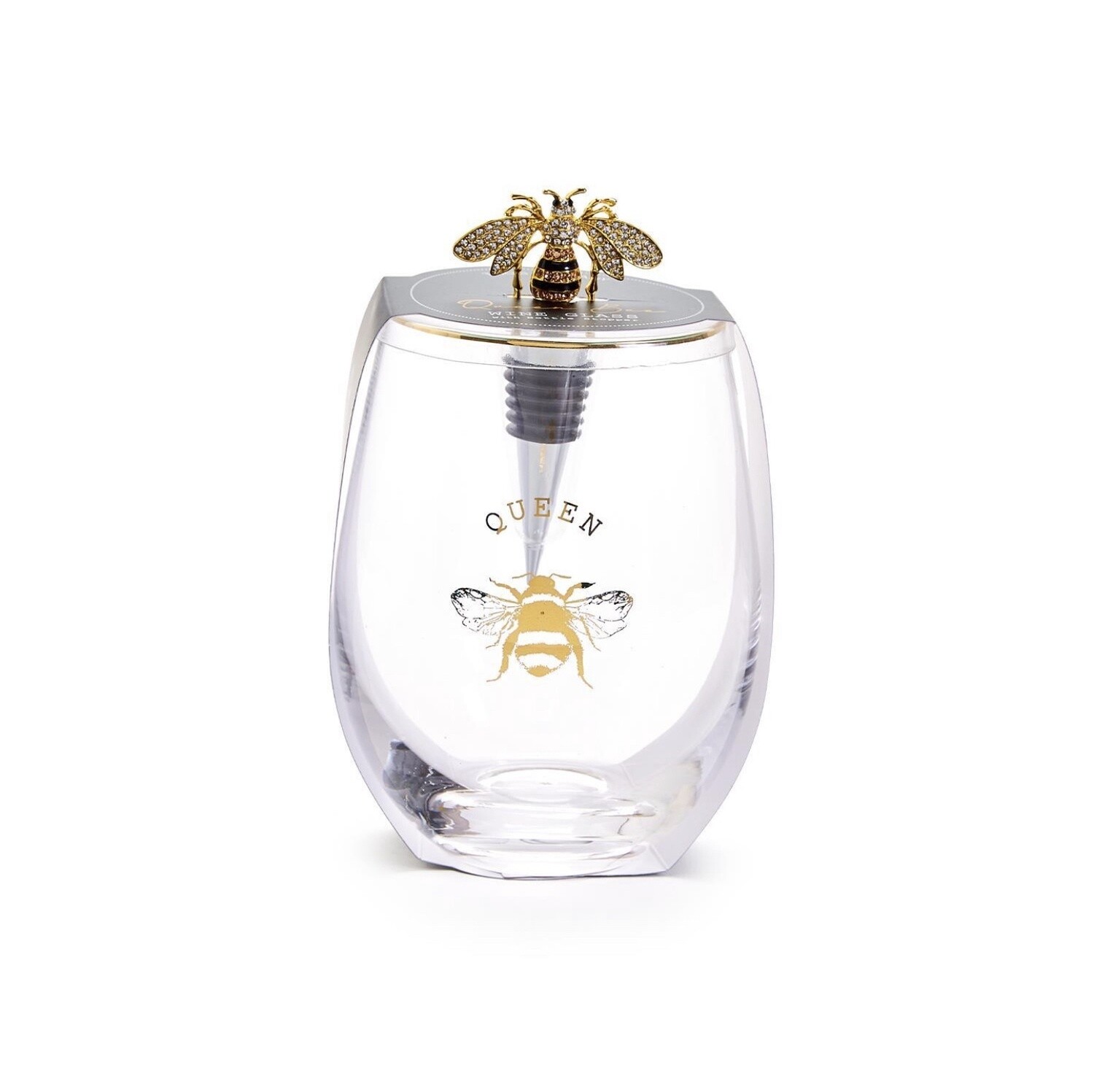 QUEEN BEE STEMLESS WINE GLASS &amp; WINE STOPPER