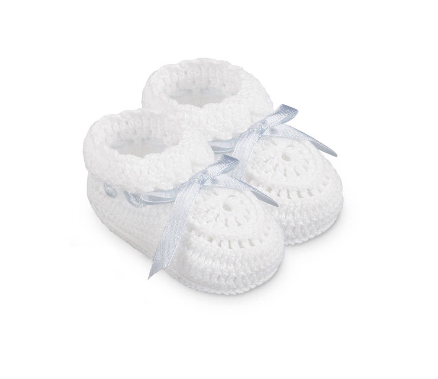 HAND CROCHET RIBBON BOOTIES NEWBORN, Colour: WHITE/BLUE