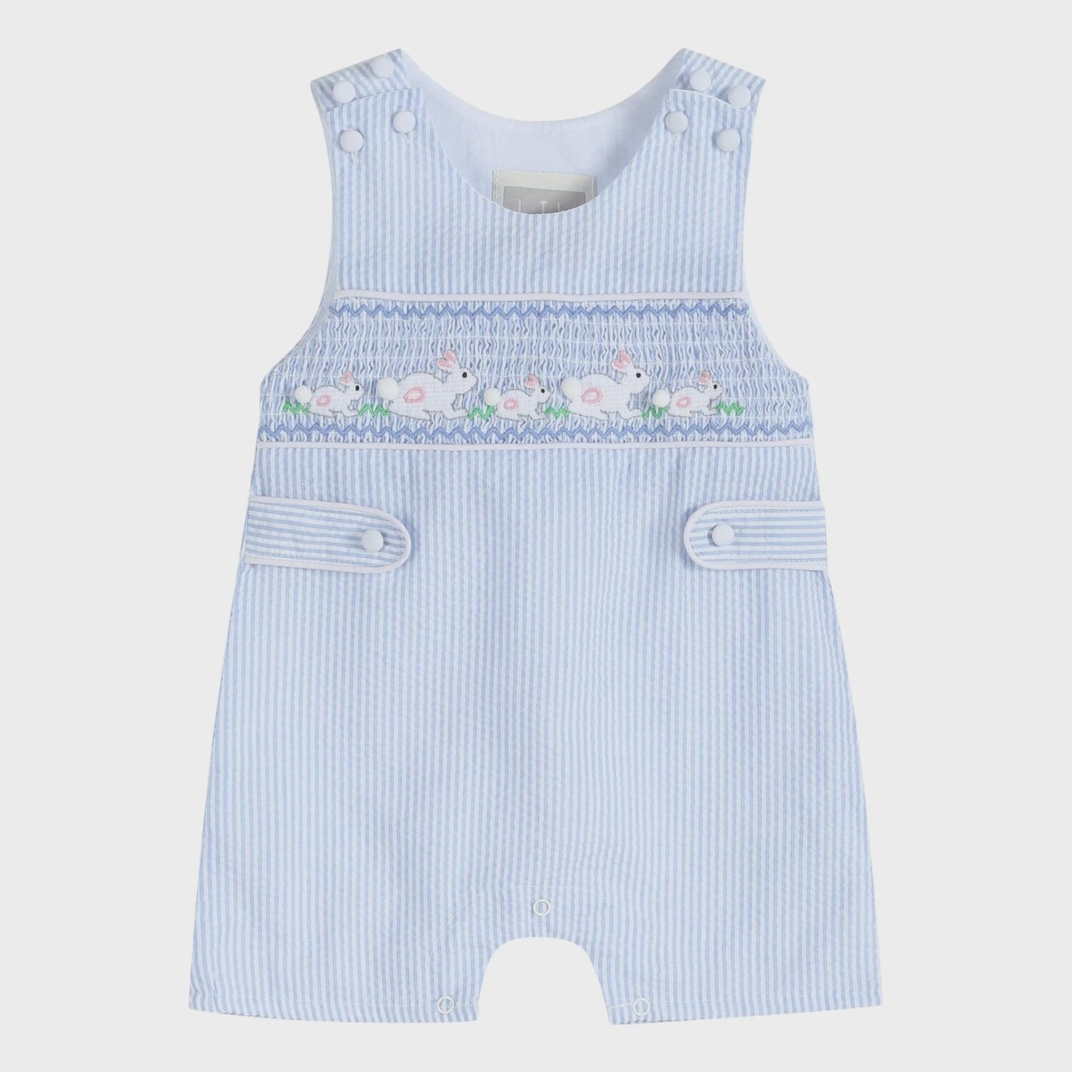 BLUE SEERSUCKER BUNNIES SMOCKED SHORTALL