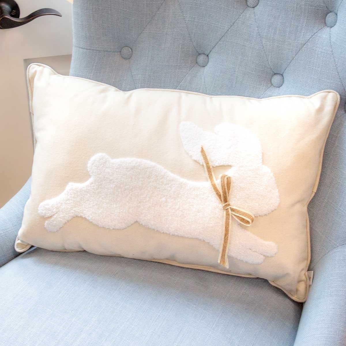 LEAPING BUNNY EMBROIDERED LUMBAR PILLOW