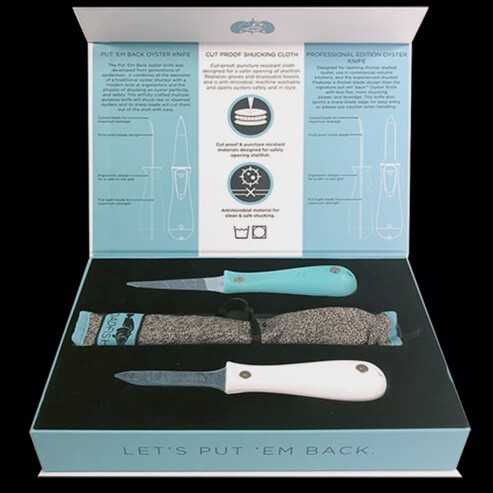 SHUCKER&#39;S BUNDLE- TEAL OYSTER KNIFE + SHUCKING CLOTH + PRE EDITION OYSTER KNIFE