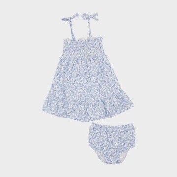 BLUE CALICO FLORAL TIE STRAP SMOCKED SUN DRESS &amp; DIAPER COVER