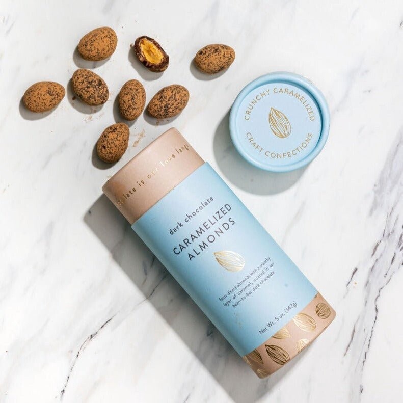DARK CHOCOLATE COVERED CARAMELIZED ALMONDS