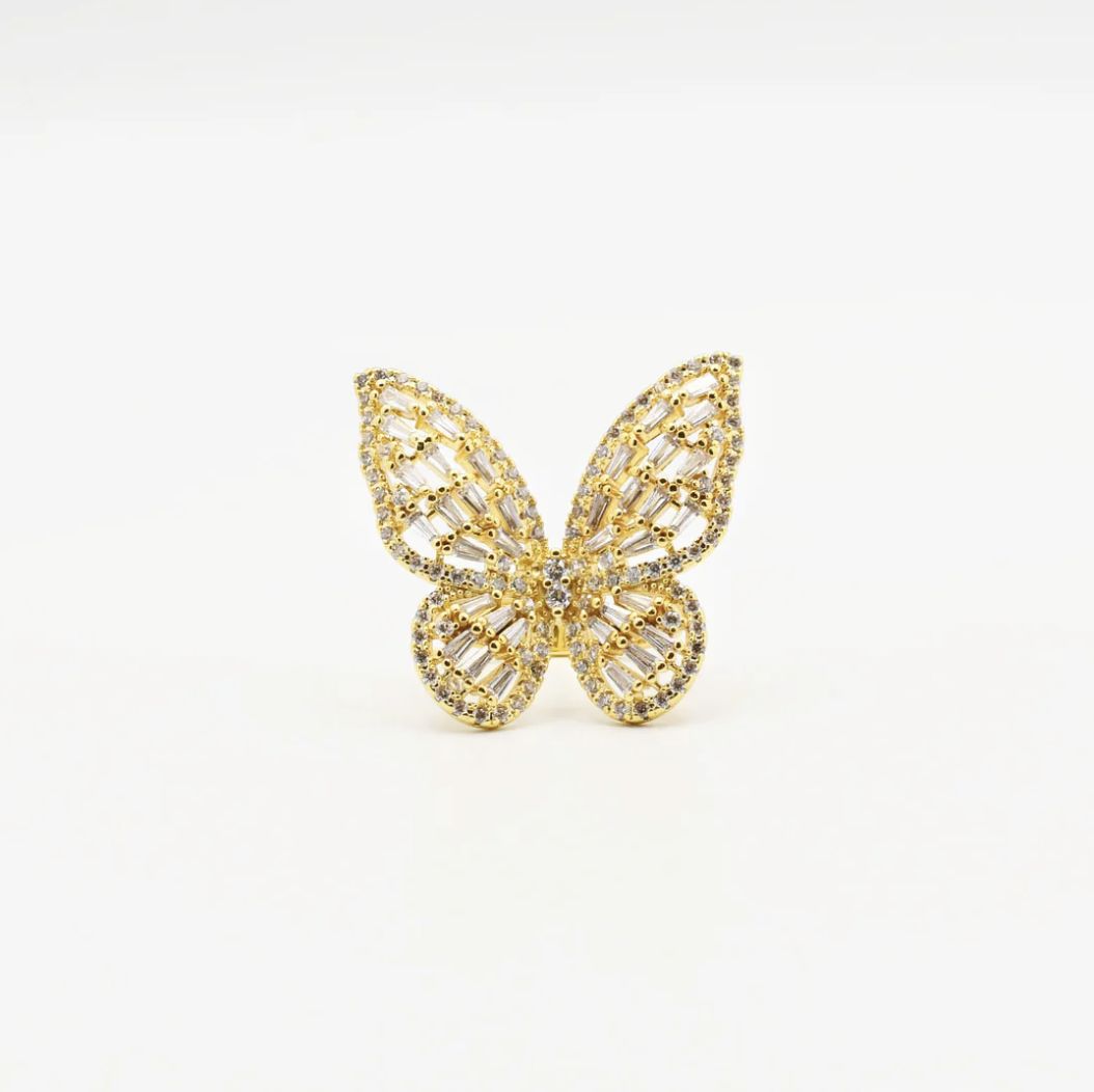 GOLD BIG BUTTERFLY CRYSTAL RING