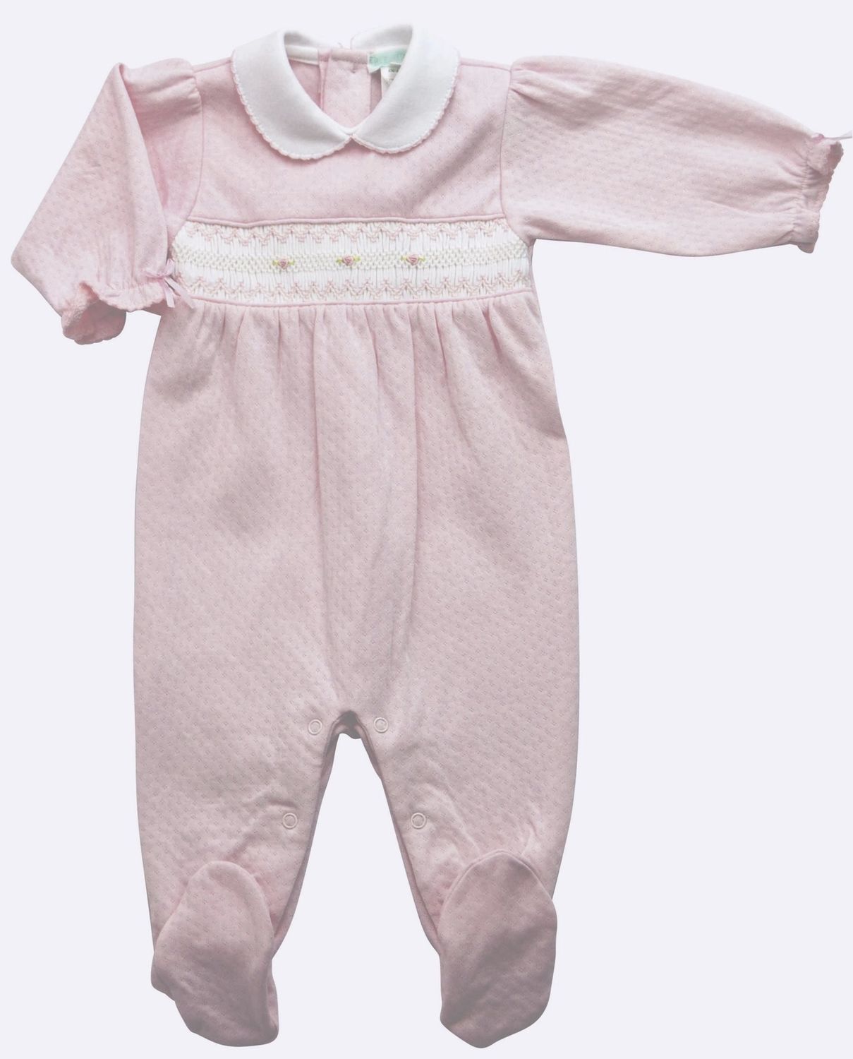 PIMA COTTON BABY GIRL&#39;S PINK JACQUARD SMOCKED FOOTIE
