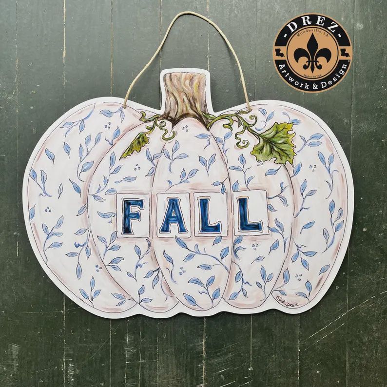 BLUE &amp; WHITE PUMPKIN DOOR HANGER