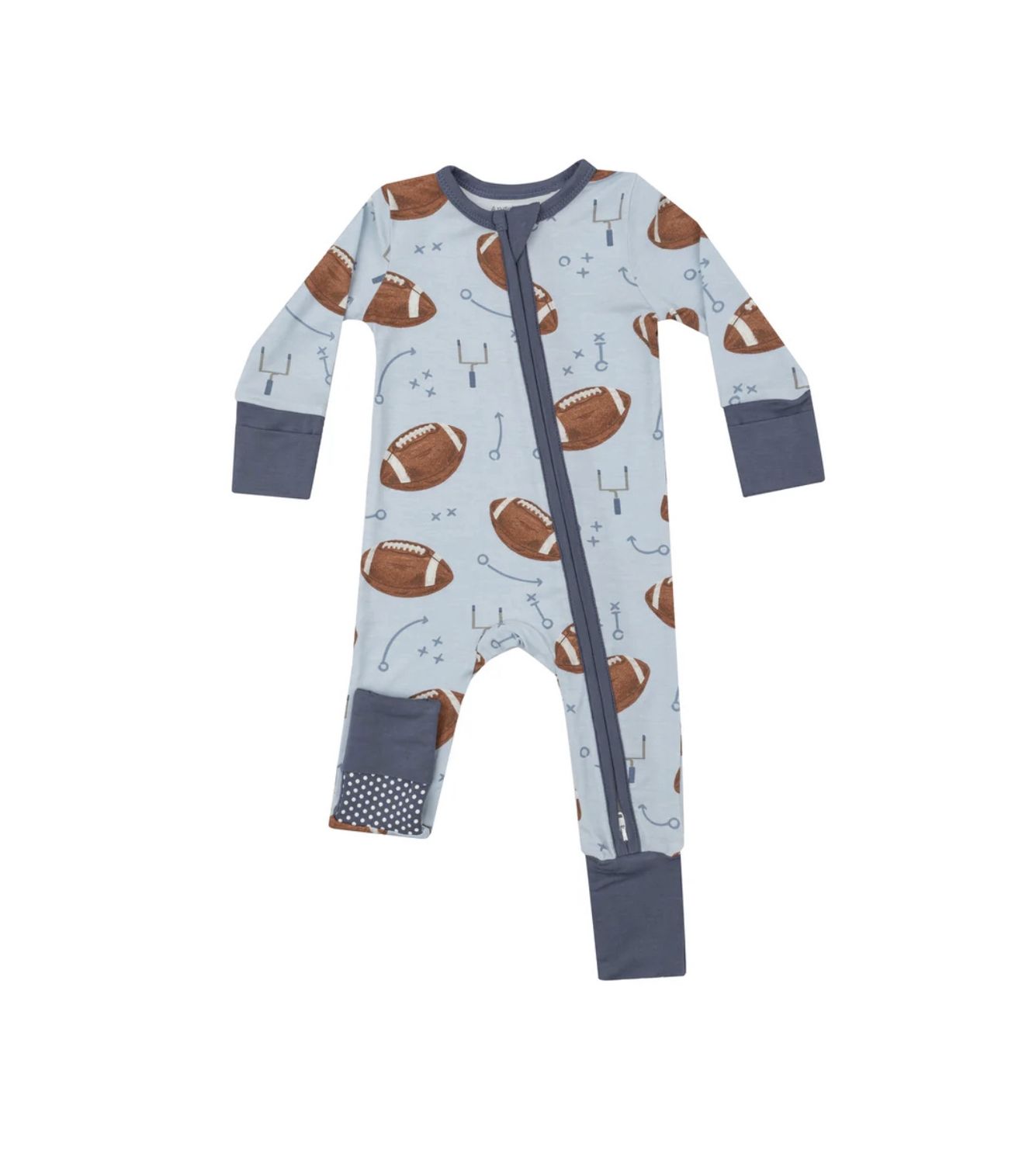 FOOTBALLS BLUE 2 WAY ZIPPER ROMPER