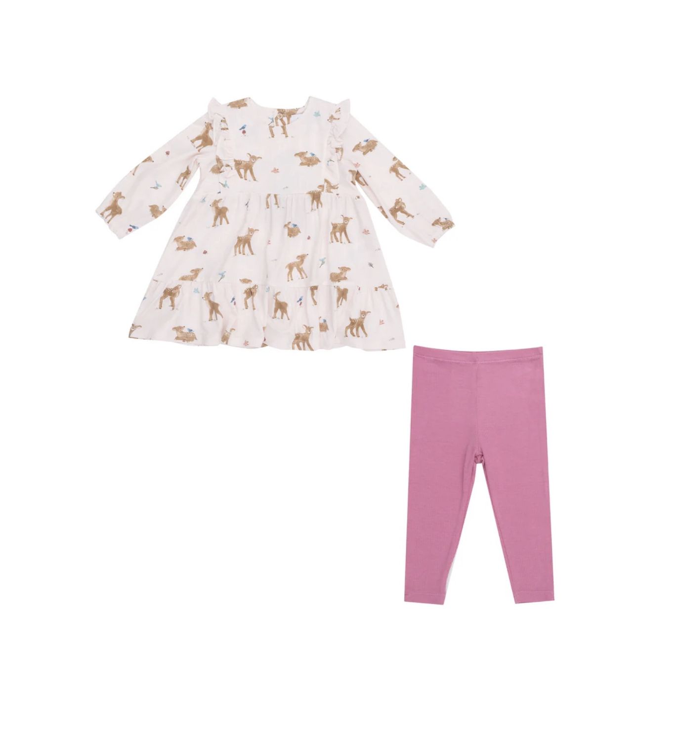 SOFT DEER SMOCKED RUFFLE DRESS W/ RIBBED LEGGING