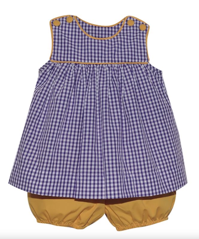 PURPLE &amp; GOLD GINGHAM GIRL BLOOMER SET